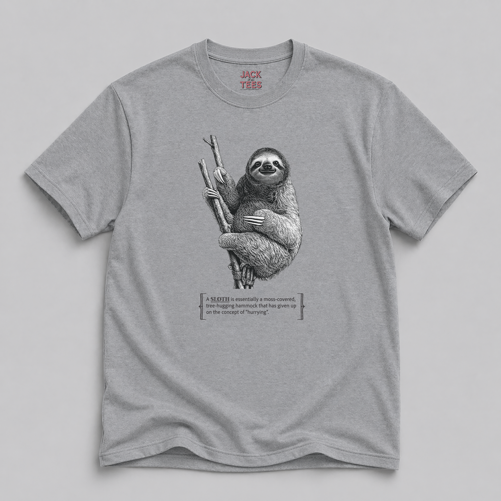 Sloth Graphic Tee — “A Tree Hugging Hammock’” Cotton T-Shirt