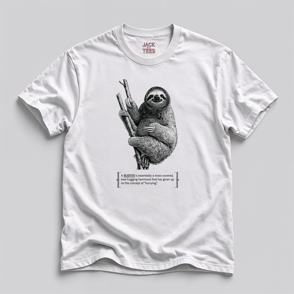 Sloth Graphic Tee — “A Tree Hugging Hammock’” Cotton T-Shirt