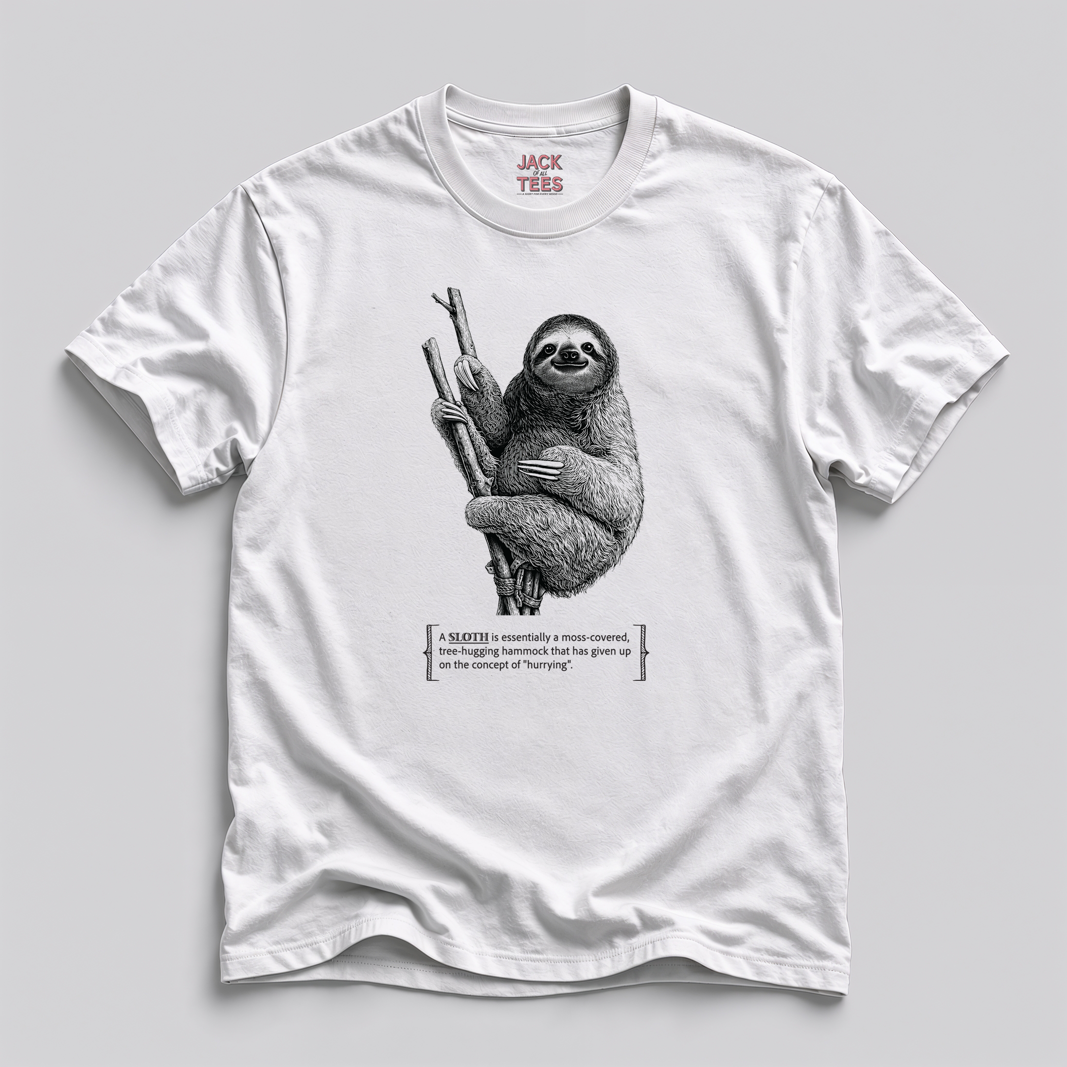 Sloth Graphic Tee — “A Tree Hugging Hammock’” Cotton T-Shirt