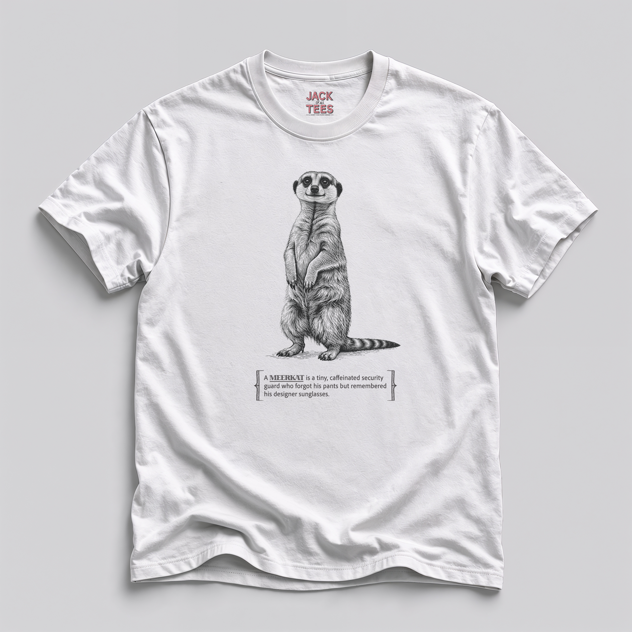 Meerkat Security Guard T-Shirt — 'Tiny Caffeinated Guard' Graphic Tee