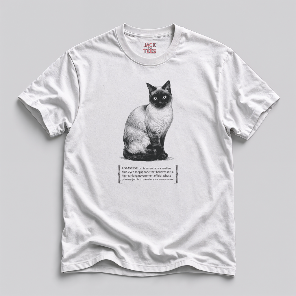 Siamese Cat Narrator T-Shirt — Funny Blue-Eyed Cat Tee
