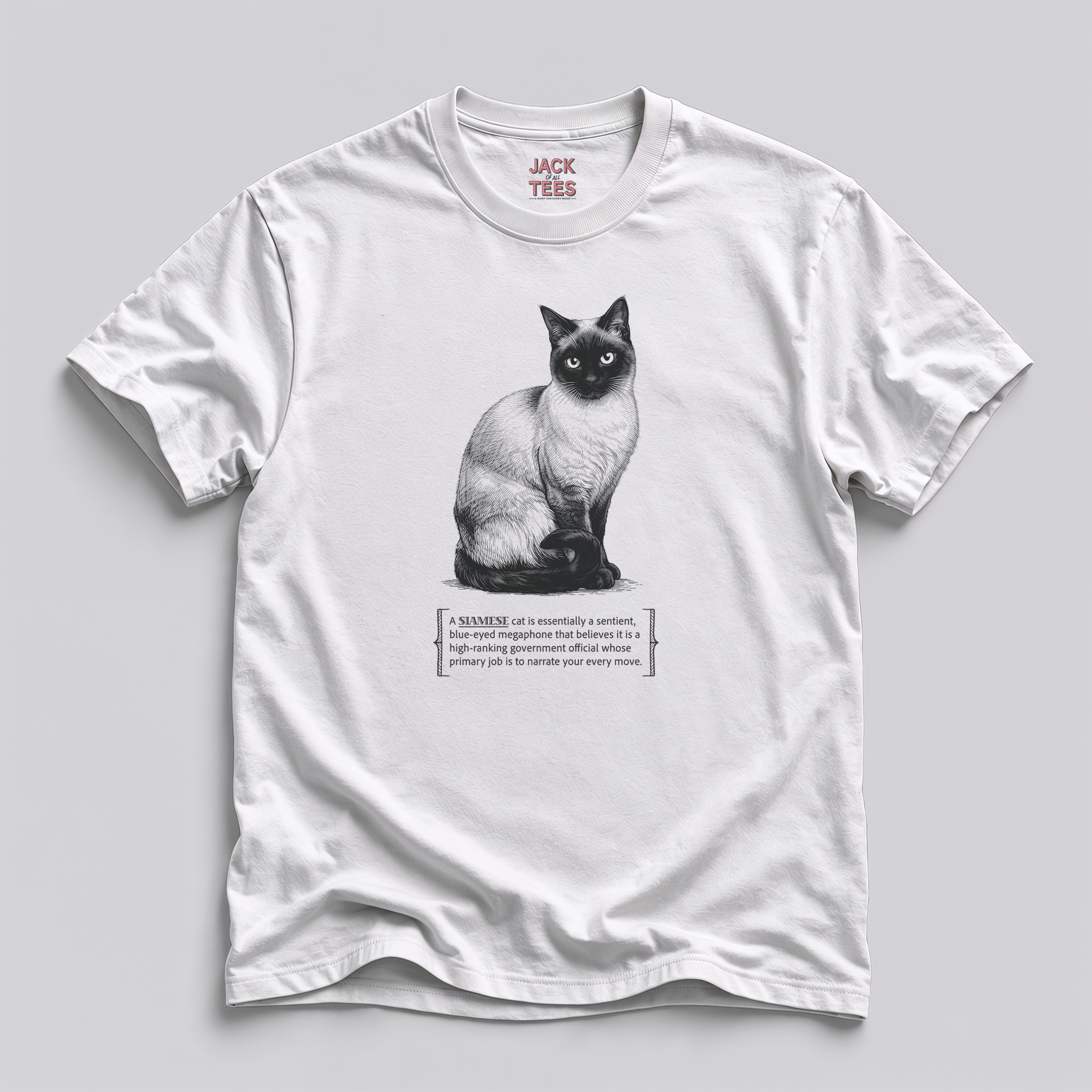 Siamese Cat Narrator T-Shirt — Funny Blue-Eyed Cat Tee